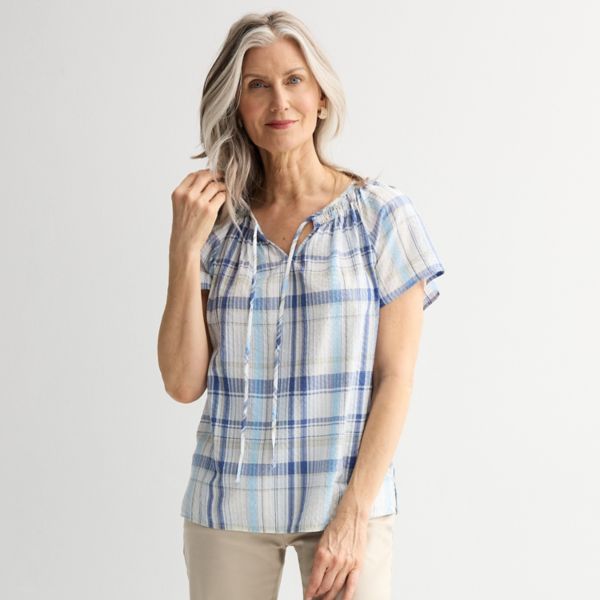 

Женская блузка реглан с разрезом на горловине Croft & Barrow, цвет cyan madras plaid