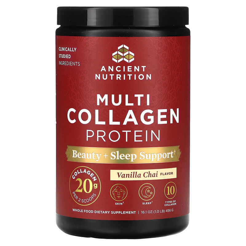 

Ancient Nutrition, Multi Collagen Protein, протеин с коллагеном, для красоты и сна, ванильный чай, 456 г (1 фунт)