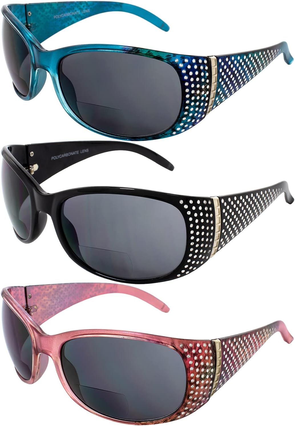 

Комплект из 3 женских модных мотоциклетных солнцезащитных очков Global Vision Galaxy с бифокальными линзами, сине-черно-розовая оправа, увеличение 3.0, дымчатые линзы, Smoke