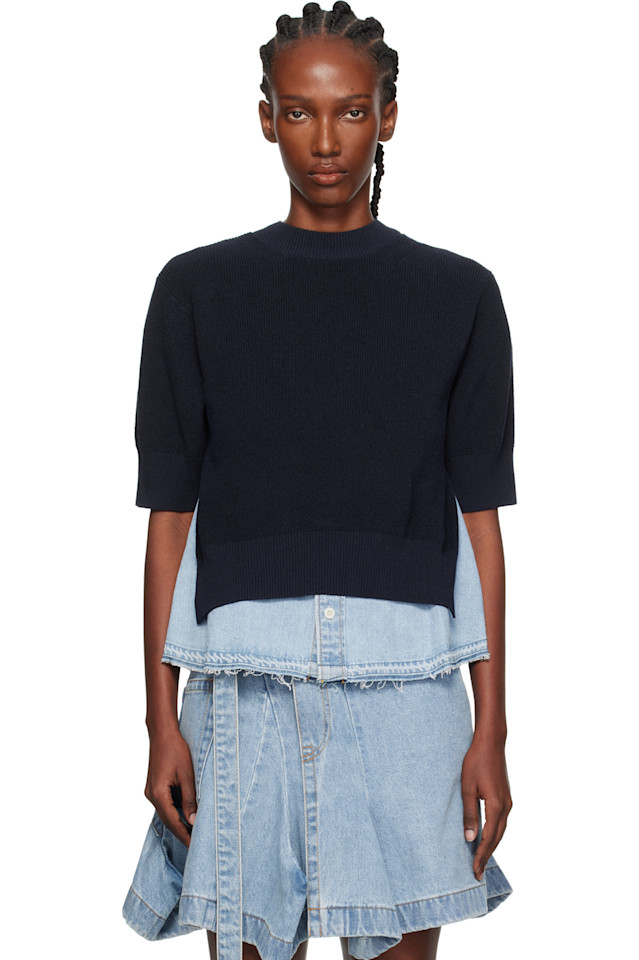 

Sacai Свитер из джинсовой ткани темно-синего и синего цвета, связанный спицами