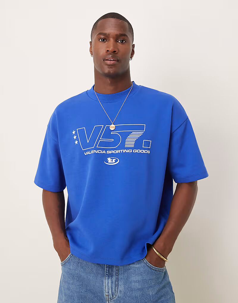 

Футболка свободного кроя ASOS DESIGN из плотной ткани плотностью 300 г/м² синего цвета со спортивной графикой