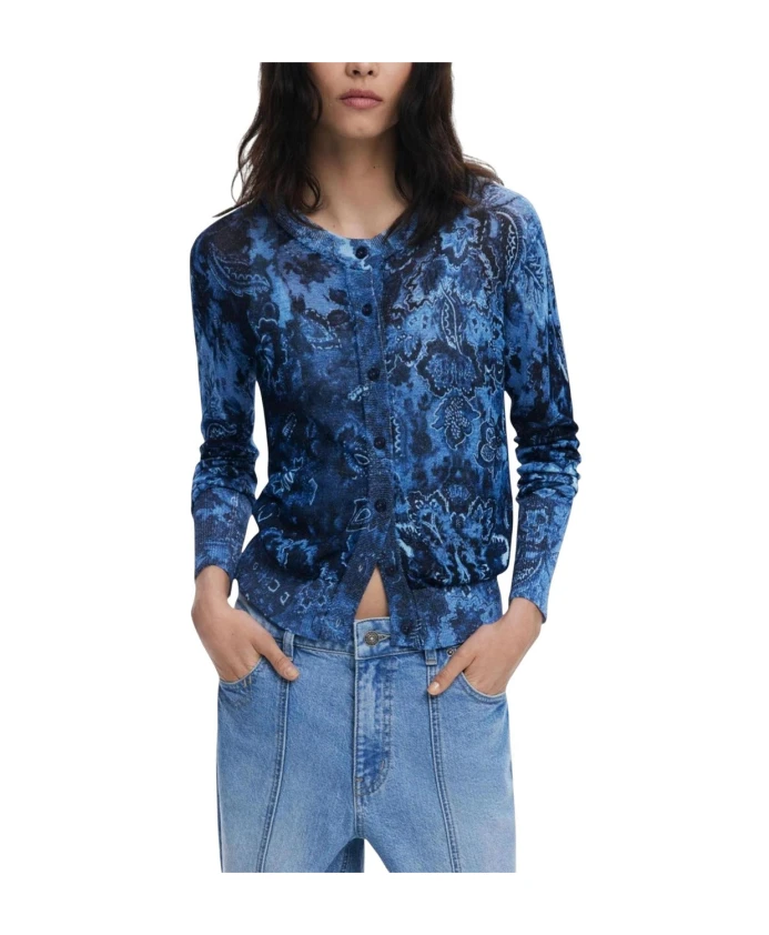 

Кардиган с цветочным принтом на пуговицах, осенне-зимний стиль. Desigual, синий