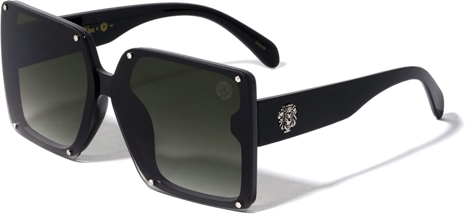 

Kleo Royal - Безободковые солнцезащитные очки с плоскими линзами, заклепками, квадратными боковыми элементами, медальоном в виде головы льва и подвеской в ​​стиле хип-хоп, Smoke Black