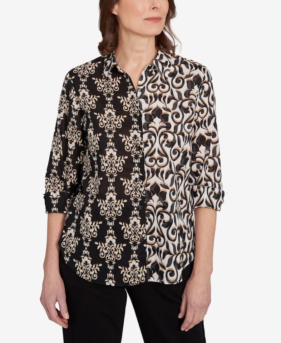 

Женская блузка Natural Instinct с медальоном и двойным принтом, застежка на пуговицы спереди Alfred Dunner, Black Multi