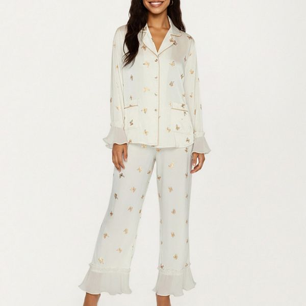 

Женский комплект из 2 предметов: пижамная блузка из сатина с отделкой пипингом и рюшами на манжетах и подходящие брюки Anna-Kaci, Light Beige