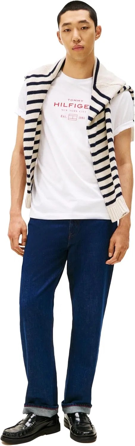 Мужская хлопковая футболка с коротким рукавом Tommy Hilfiger с графическим принтом и многослойным логотипом — фото 3