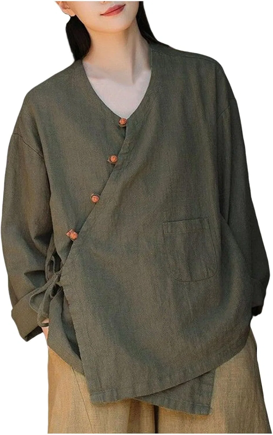 Блуза из хлопка и льна, свободный крой, Dark Green