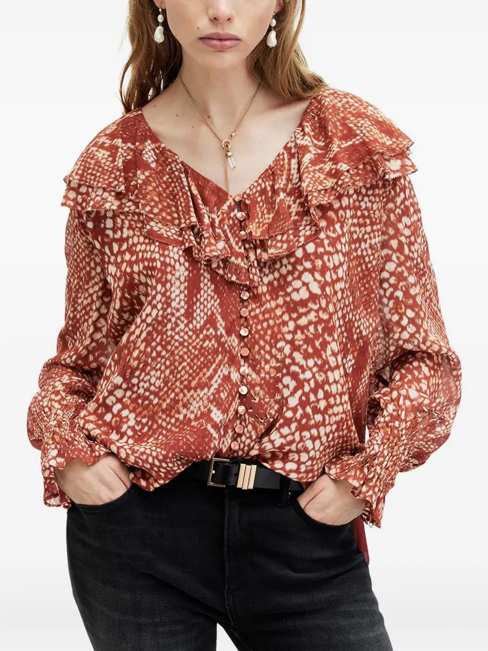 

Топ Phoebe с оборками и змеиным принтом AllSaints, красный