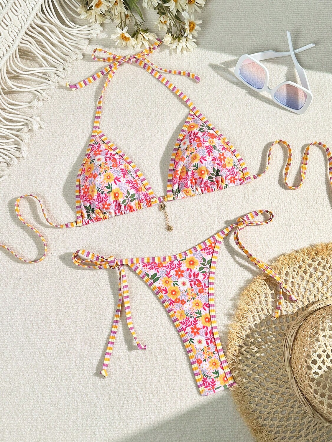 

SHEIN Swim Женский летний пляжный комплект бикини с завязками по бокам, многоцветный