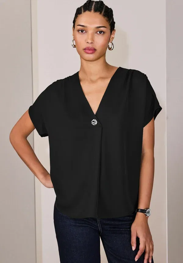 Блуза Regular fit, Next, короткий рукав, V-образный вырез, черный — фото 2