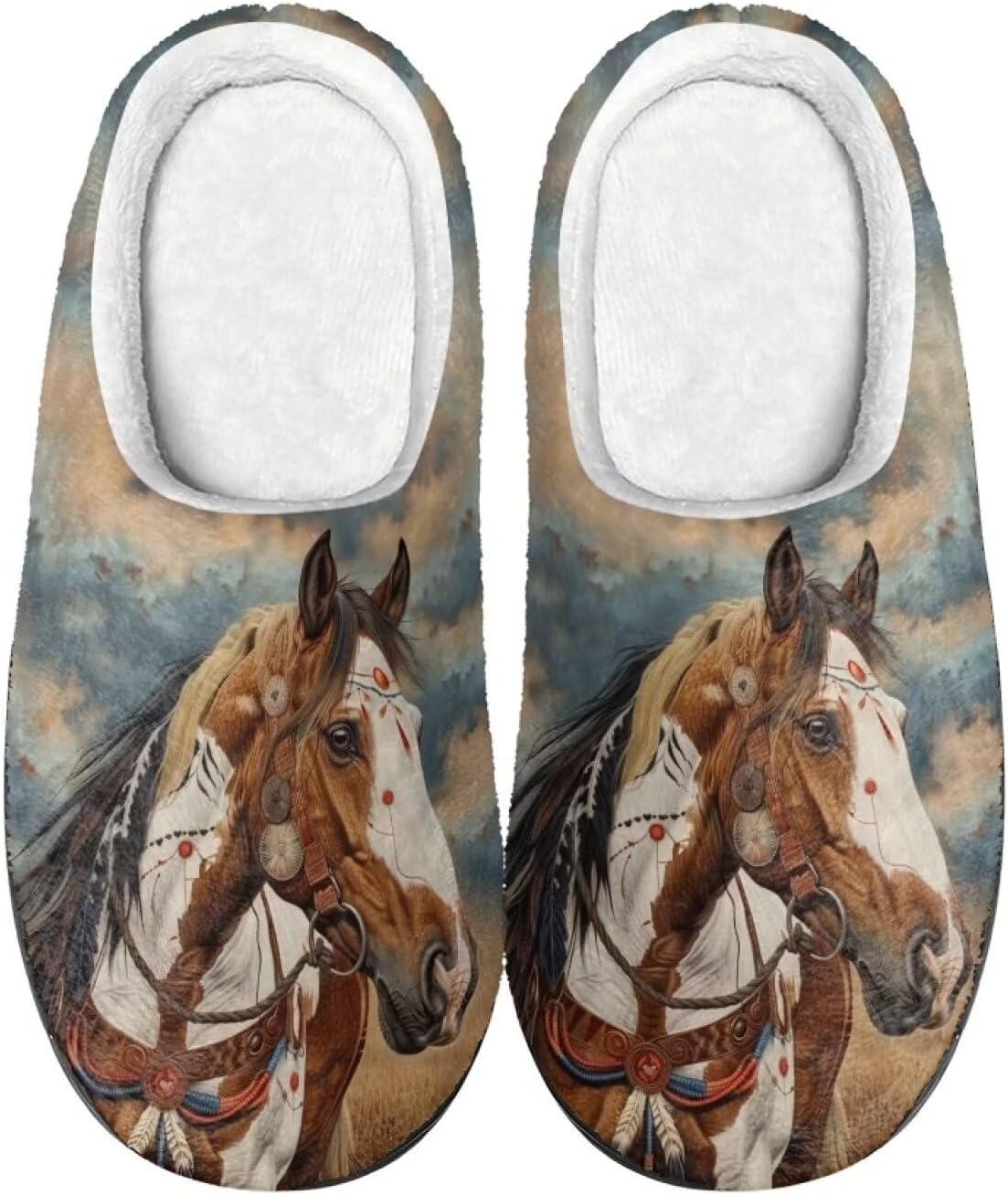 

Тапочки Xpyiqun для женщин и мужчин, домашние слипоны, пушистые теплые зимние тапочки, размер 4-12, Western Horse