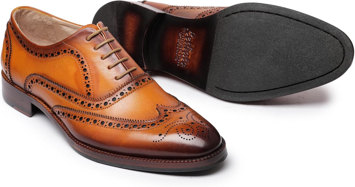Мужские туфли оксфорды Lethato Wingtip Brogue ручной работы из натуральной кожи с шнуровкой, Tan — фото 2