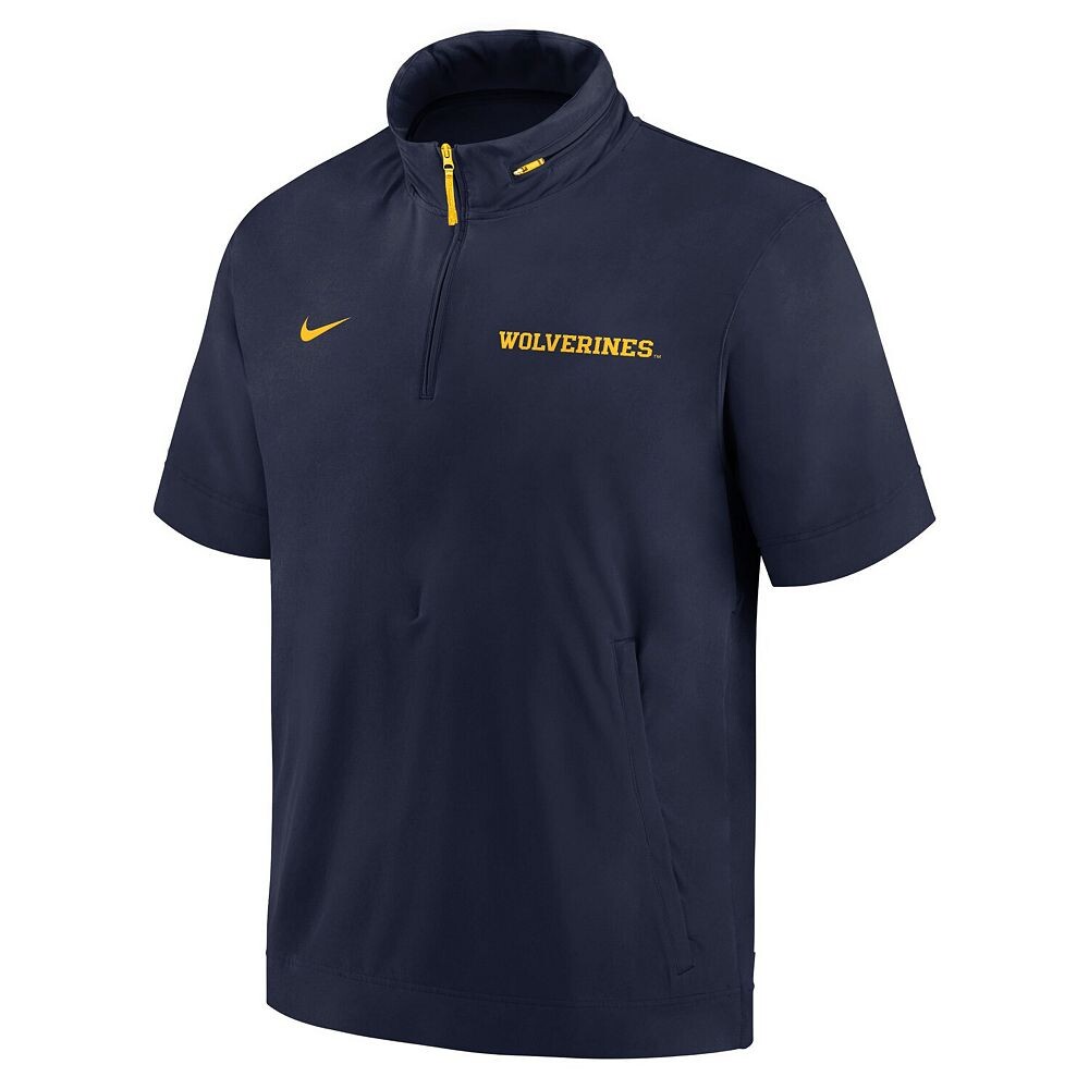 Мужская куртка с капюшоном Nike Navy Michigan Wolverines 2024 Sideline Coach с короткими рукавами и полумолнией до половины, цвет Mic Navy — фото 3