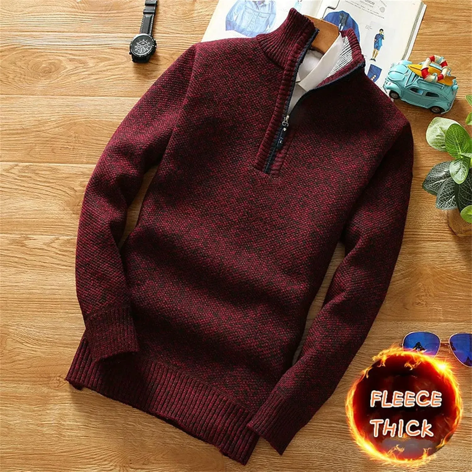 Зимний флисовый свитер мужской полузастежка водолазка теплый пуловер slim knitted wool — фото 3