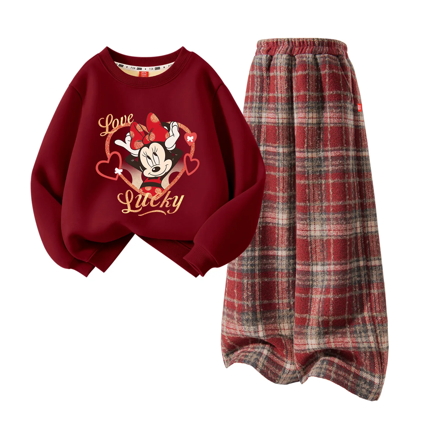 Disney Kids Tang Suits Crew Neck Thickness, [Thickened and Fleece-Lined]Daisy Burgundy+Solid Color Red Plaid