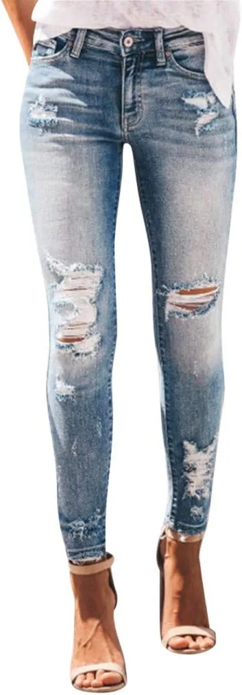 

Женские джинсы slim fit с карманами и потертостями JOFOW