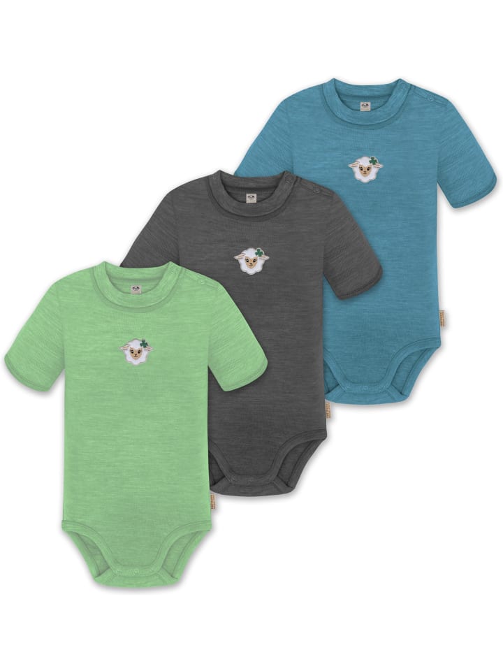 

Normani Outdoor Sports Комплект из 3 унисекс комбинезонов-боди с короткими рукавами и пуговицами из мериносовой шерсти для младенцев, синего/антрацитового/зеленого цвета