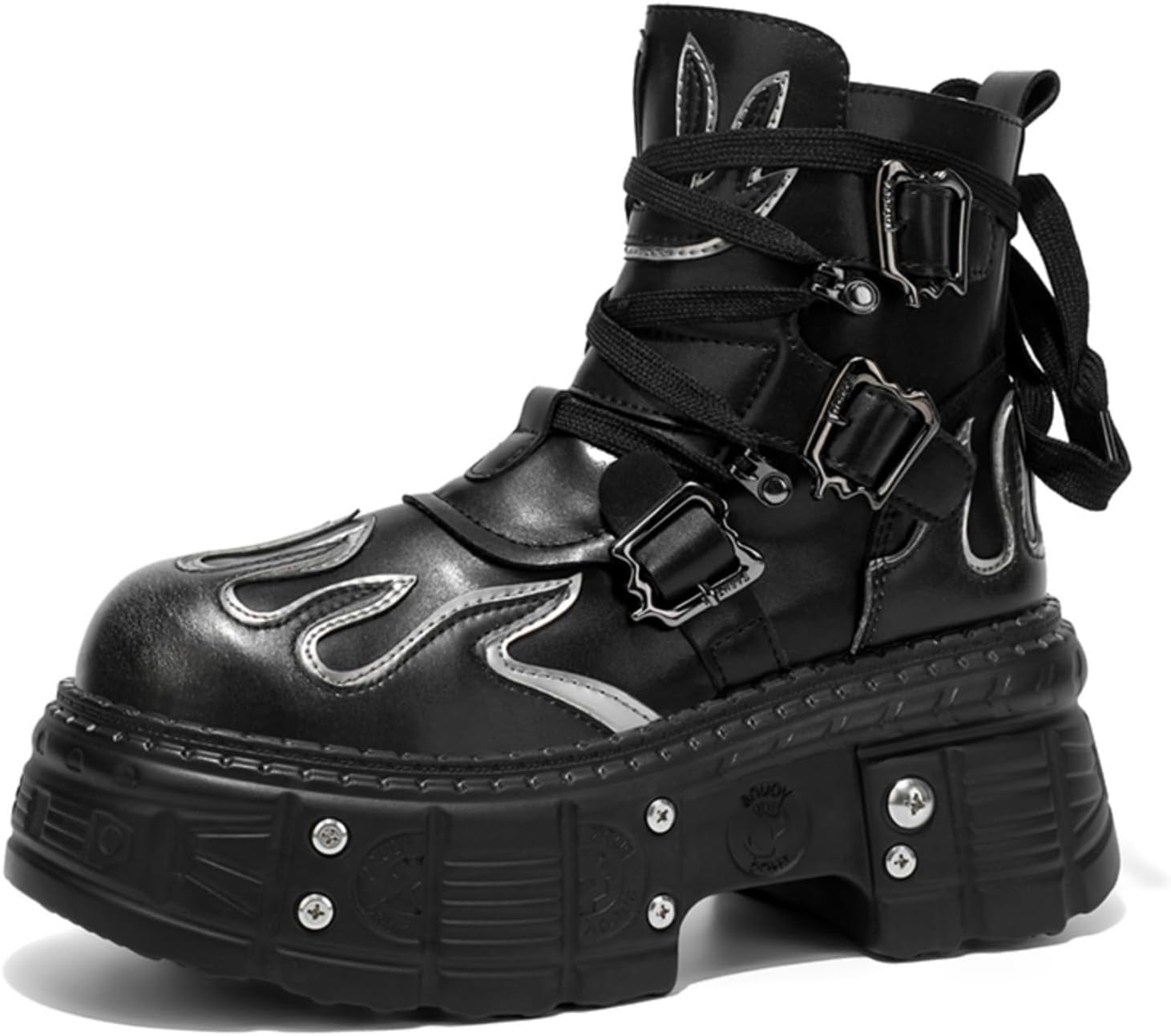 

Мужские черные кожаные байкерские ботинки на платформе с боковой молнией, рисунком в виде пламени и регулируемыми ремешками с пряжкой, стильная панк-обувь для повседневного ношения и особых случаев Lshwcift