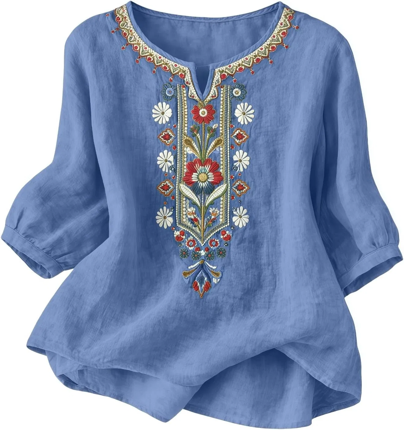 Блуза с вышивкой, 3/4 рукав, V-образный вырез, богемный стиль, хлопок, sky blue