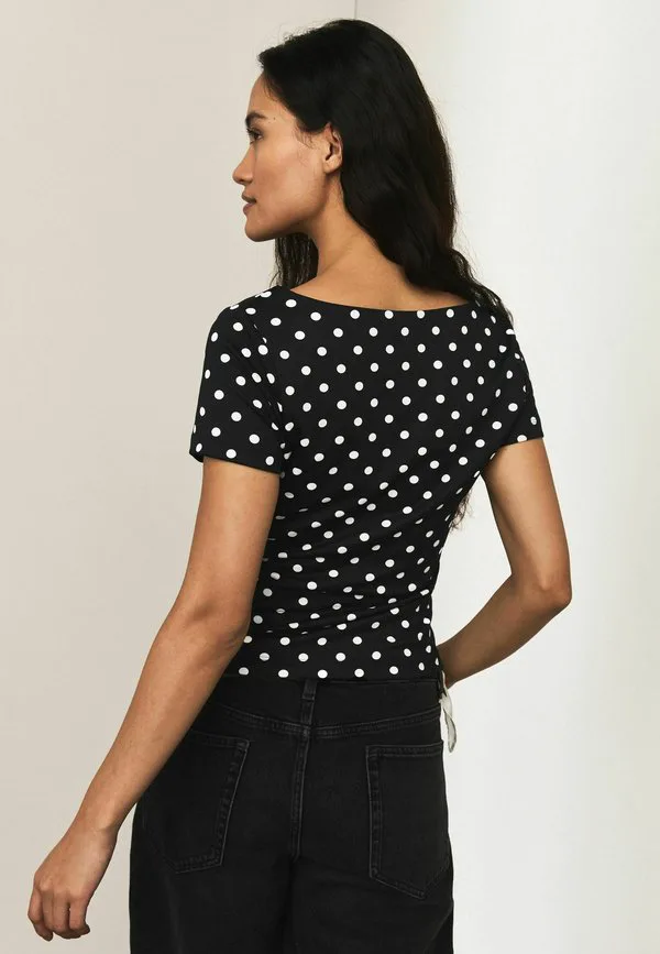 Футболка с коротким рукавом и квадратным вырезом и принтом Next, Black Ecru Polka Dot — фото 2