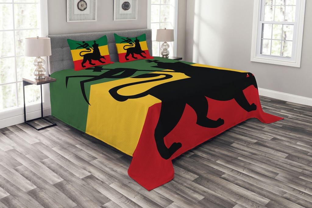 

ABAKUHAUS Комплект покрывала Rasta, флаг регги Judah Lion, комплект с моющимися наволочками, для односпальных кроватей 220 x 220 см, желтый черный