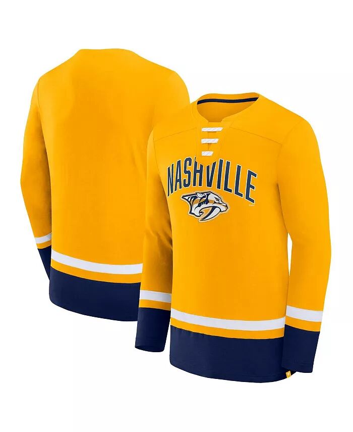 

Мужская золотая футболка Nashville Predators Back Pass со шнуровкой и длинным рукавом Fanatics