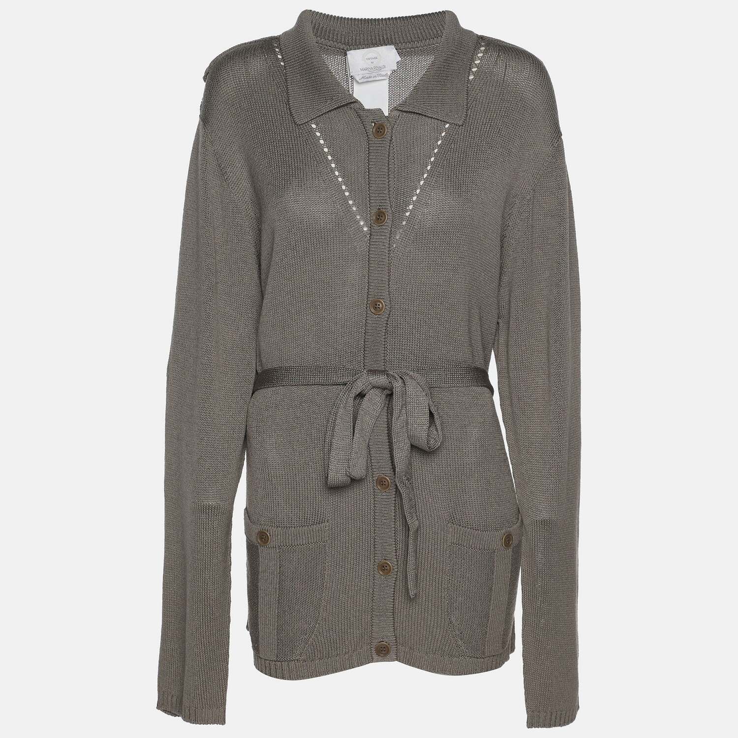 

Свитер Marina Rinaldi серого цвета в рубчик, с пуговицами спереди