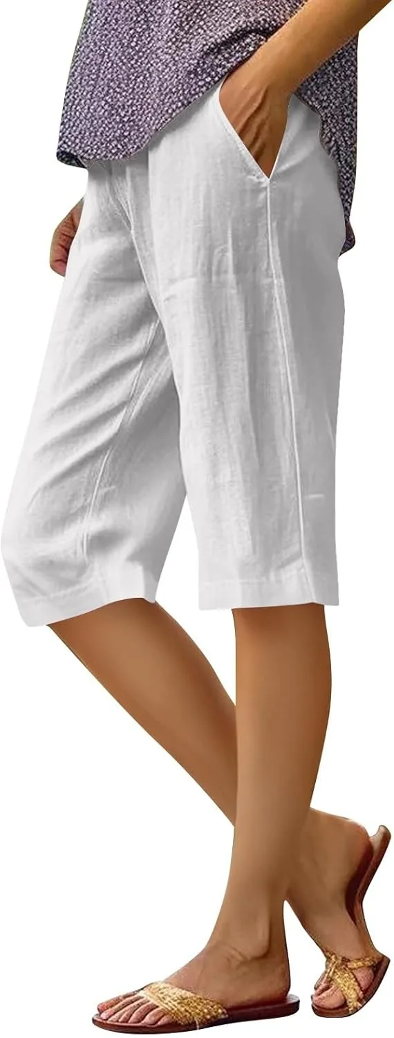 

Midelxp льняные бермуды для женщин с высокой талией, летние шорты свободного кроя, легкие, до колена, с карманами