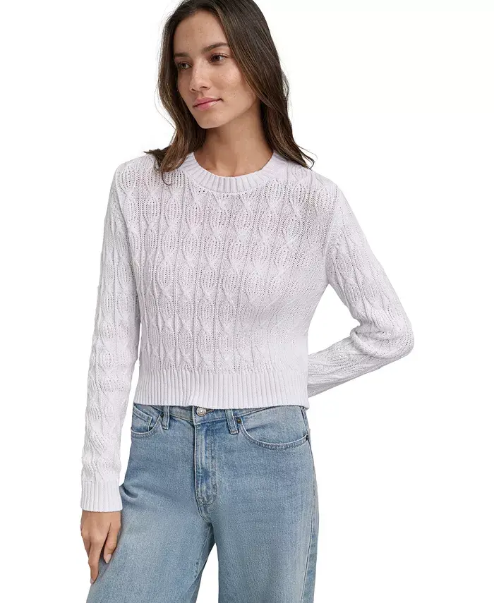 

Женский длинный свитер с круглым вырезом и рукавами реглана из хлопка с ажурной вязкой DKNY Jeans, белый