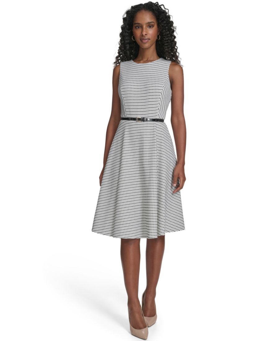 

Женское трикотажное платье миди без рукавов с декоративным узором и поясом Tommy Hilfiger, Ivory/Black