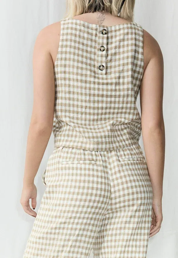 Топ Regular fit на пуговицах Next, brown ecru gingham, коричнево-бежевая клетка — фото 3