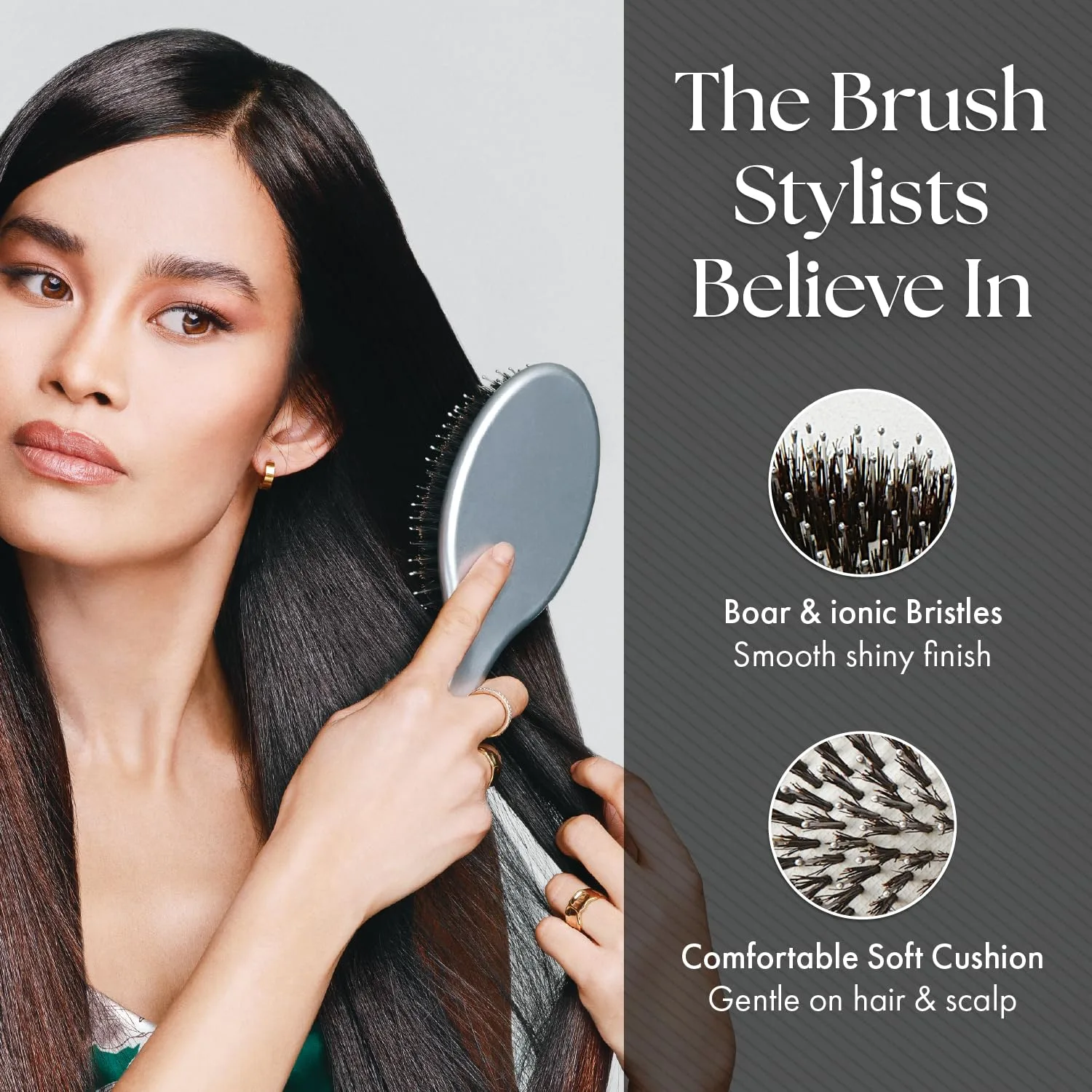 Расческа-щетка Olivia Garden Ceramic + Ion Supreme Styler Cushion Paddle Brush - на основе кабаньей щетины и ионов для блеска, контроля пушистости и разглаживания волос. 1 шт. (2 шт.), Silver — фото 4