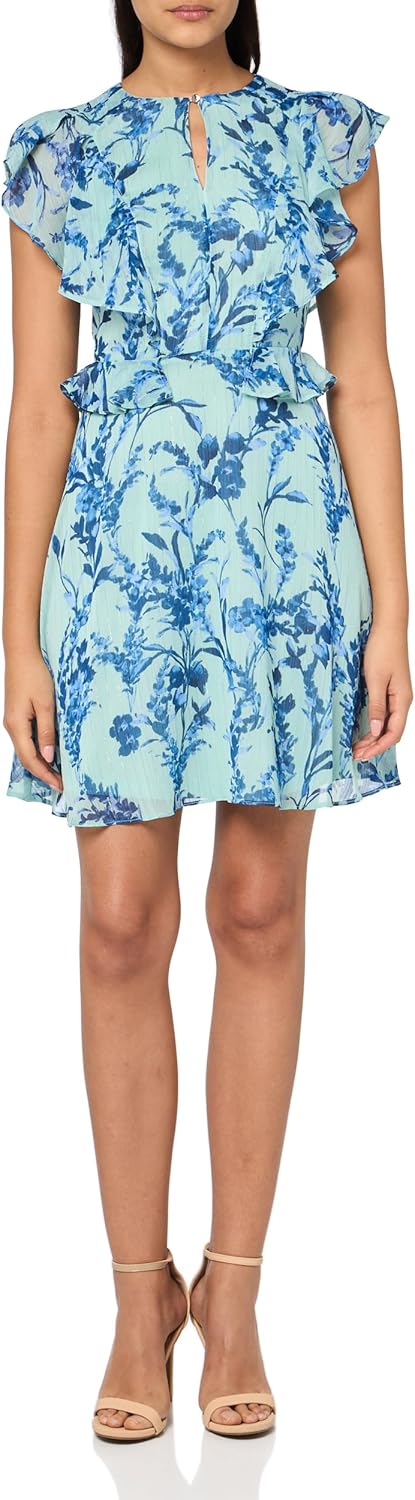 

Женское платье Tommy Hilfiger из шифона с люрексом, оборками по всей длине, рукавами-крылышками и полосками, облегающее и расклешенное, Harbor Gray/Blue