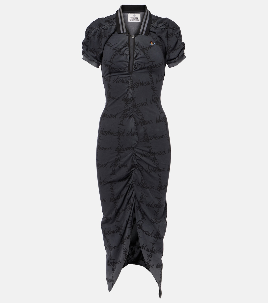 

Платье миди из хлопкового пике со сборками Vivienne Westwood, Grey Overdye Vw Grid