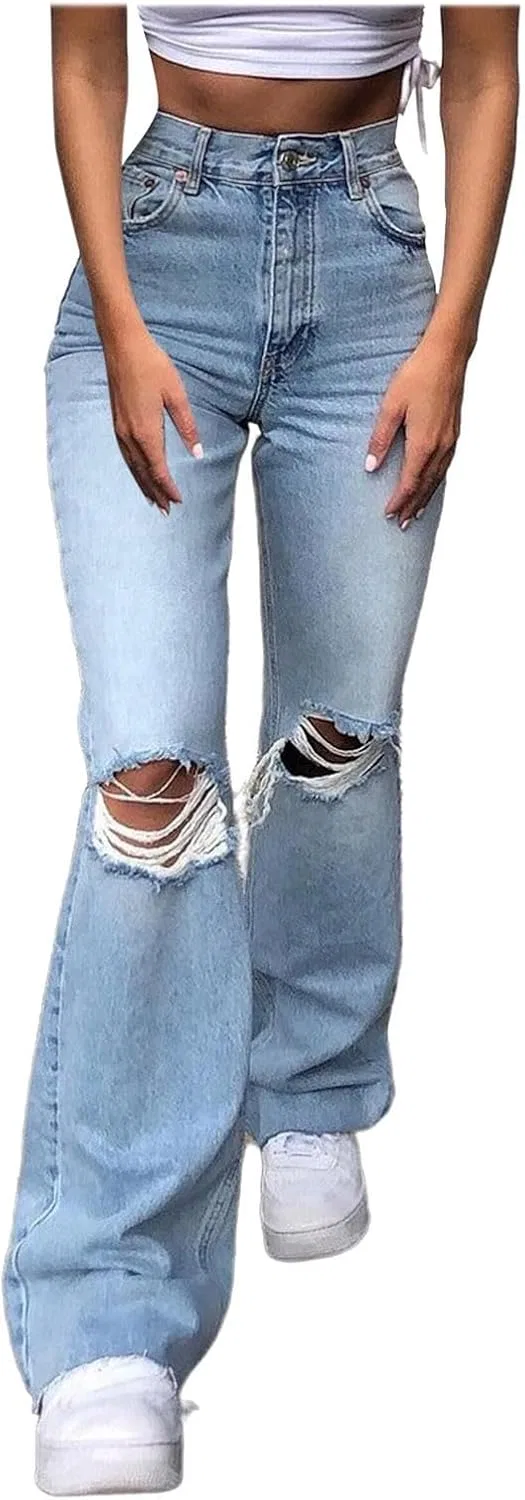 Джинсы клеш с завышенной талией, High Waisted Ripped Flare, Blue
