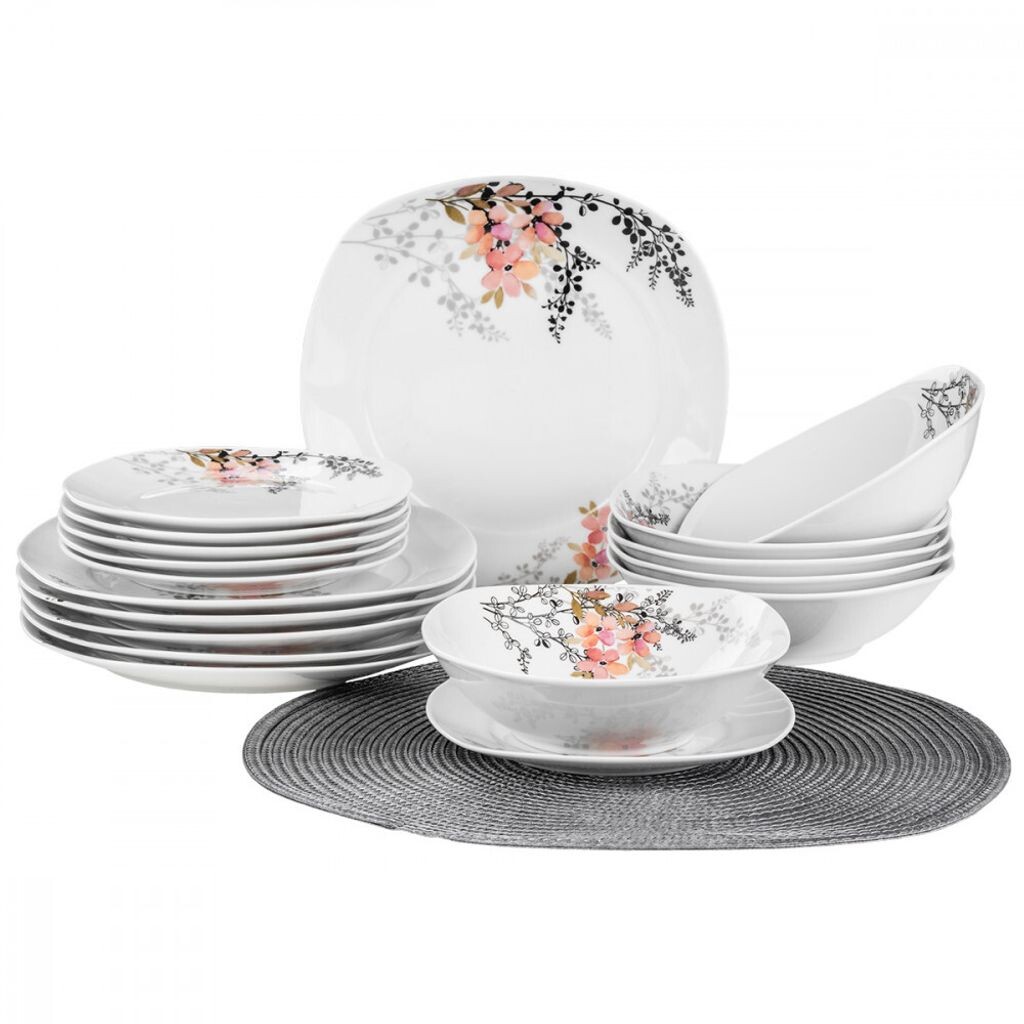 

Сервиз на 18 предметов, набор столовой посуды, обеденный сервиз на 6 персон, обеденный сервиз, набор тарелок, фарфоровая азалия PRIMA DECO