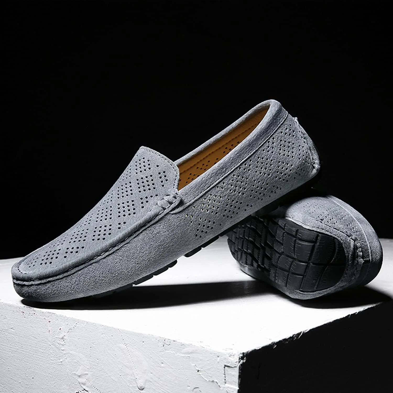 Мокасины кожаные замшевые Mens Fashion Casual Summer Breathable Suede Leather Driving Loafers, серый LITNERMIA — фото 4
