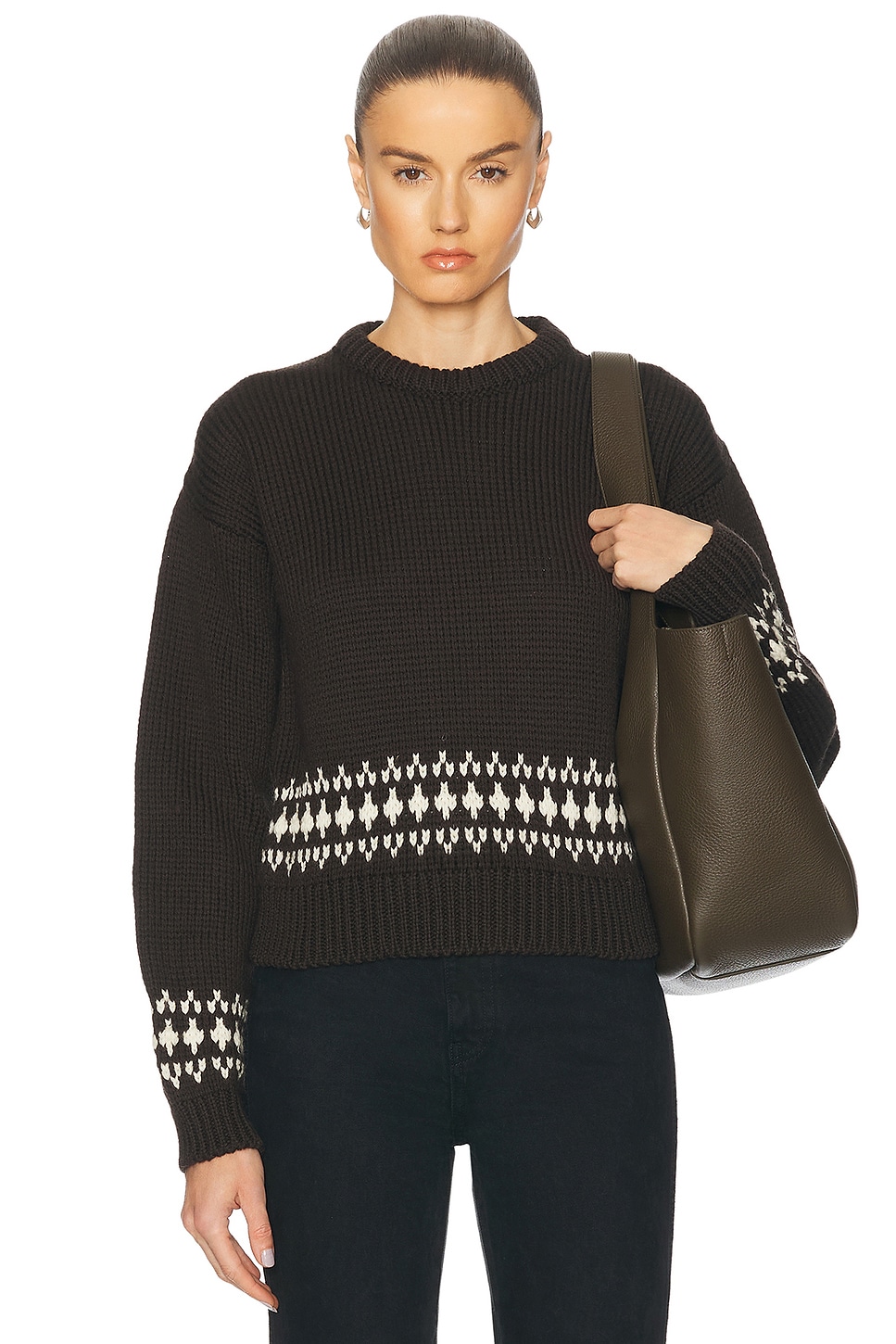 

Fairisle Bottom Cropped Crewneck Свитер &Daughter, Dark Brown & Ecru