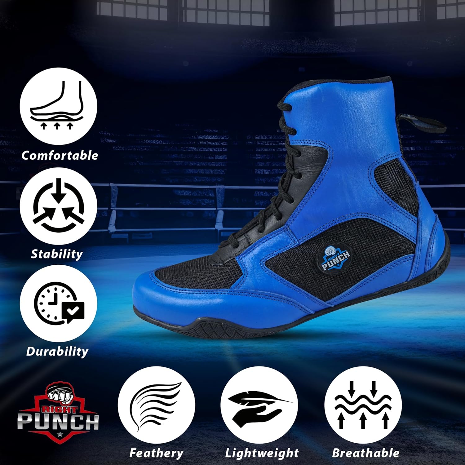 Дышащие боксерские кроссовки Rightpunch для мужчин, женщин и молодежи, Легкие тренировочные боксерские кроссовки с резиновой подошвой, не скользящие Right Punch, черный/синий — фото 4