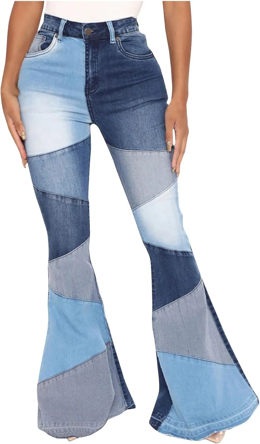 

Bell Bottom Flare Jeans для женщин, Color Block Patchwork, Stretchy Slim Fit, High Waisted HGps8w