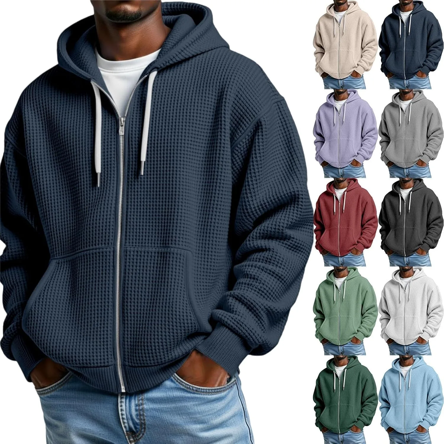 

Оверсайз худи мужское вафельное с капюшоном и карманом