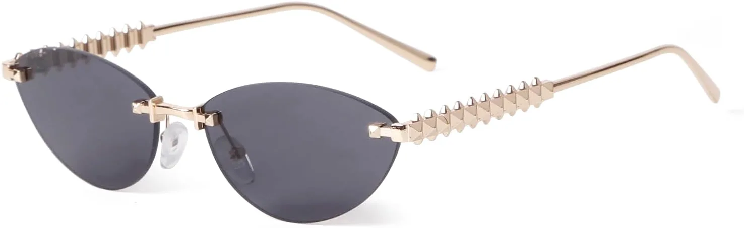 

ADE WU Винтажные солнцезащитные очки без оправы в стиле ретро "кошачий глаз" Роскошные солнцезащитные очки без оправы из золотистого металла, Gold / Grey