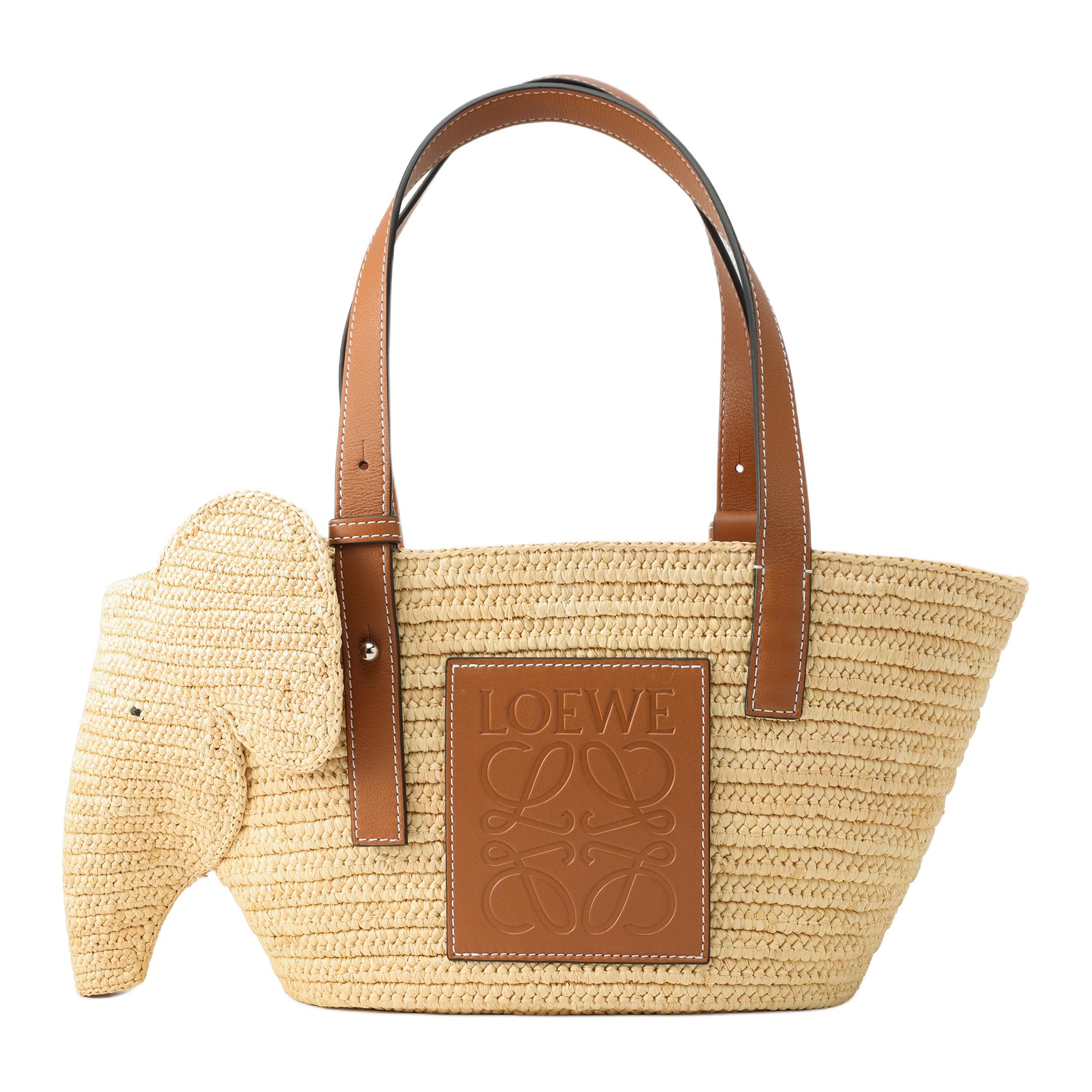 

Сумка-корзинка Elephant из рафии и телячьей кожи малая Natural/Tan LOEWE