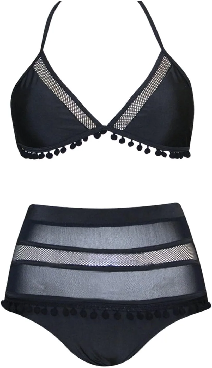 Женский купальник High Waisted Bikini Set с сексуальными полосками и кисточками, топ-халтер и низ, пляжный купальник с открытой спиной Generic, черный — фото 3