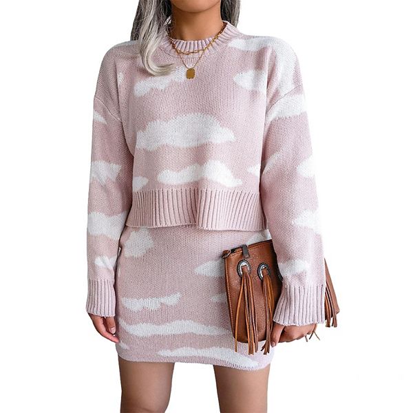 

Женский комплект из свитера и юбки 2 предмета с кроп-топом, принт cozy cloud, длинный рукав Clearflower, Pink White Cloud