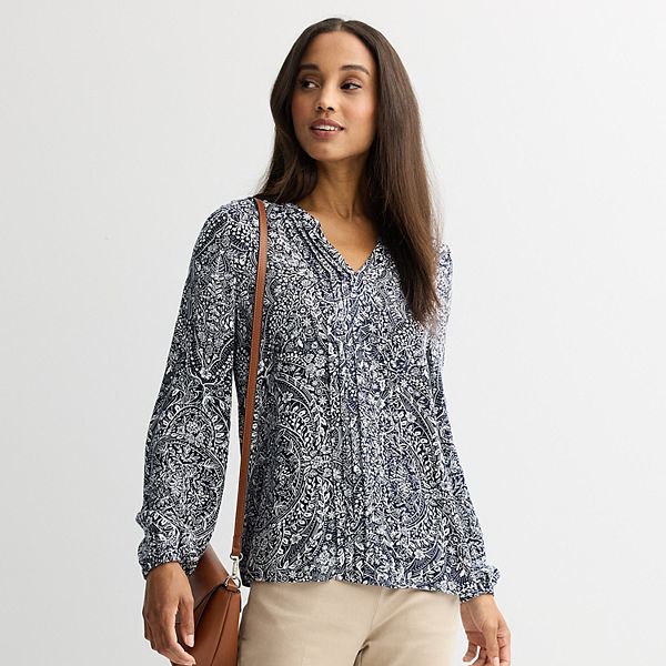 

Женская блузка с разрезом на горловине и защипами Croft & Barrow, Navy Scenic Medallion