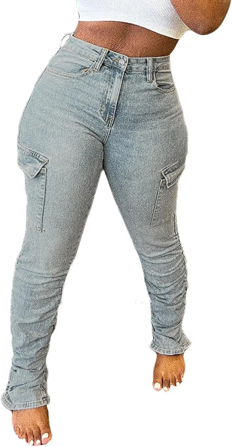 

Женские джинсы SEMATOMALA Stacked Skinny Denim Pants High Waisted Y2K Stretchy Bodycon Cargo