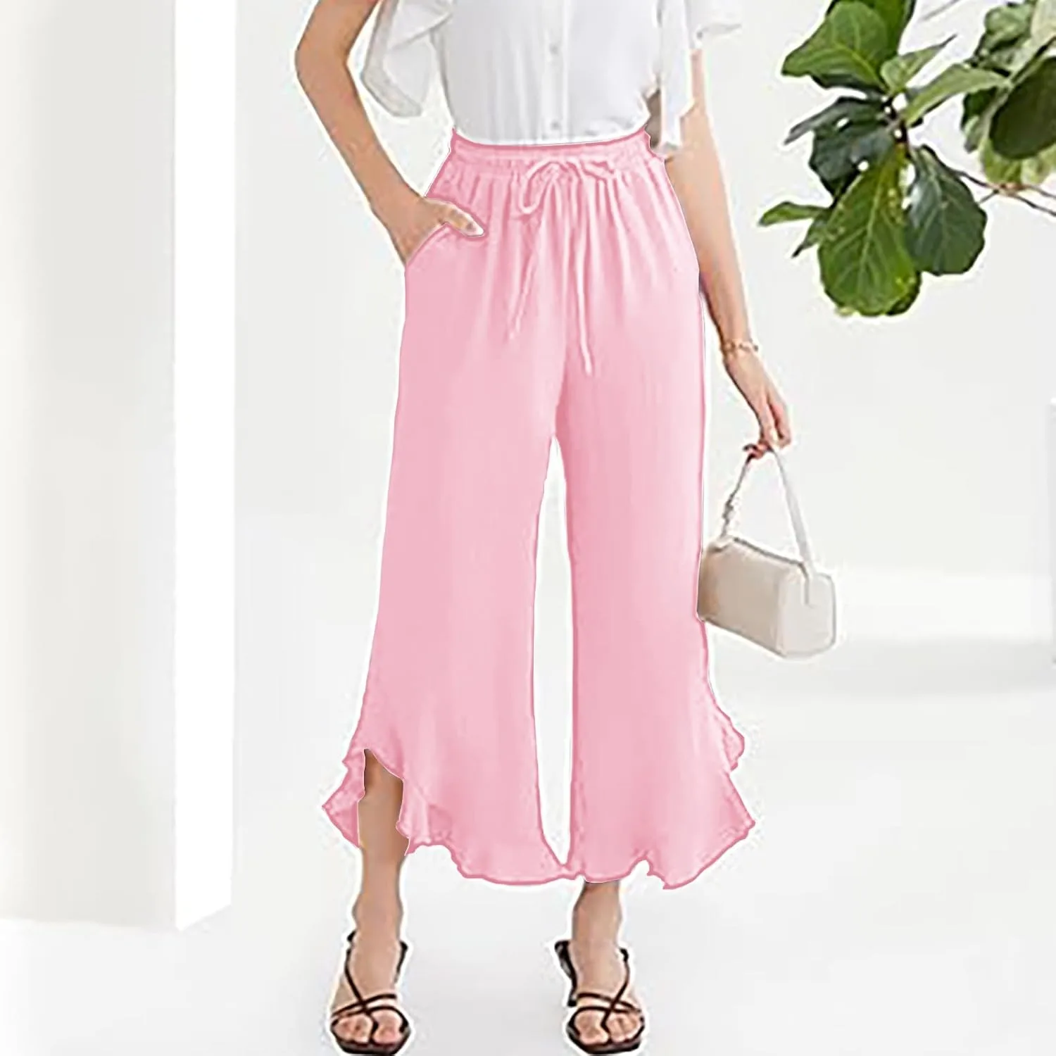 Женские летние брюки с широкими штанинами, эластичные, с высокой талией, рюшами, палаццо, свободные, повседневные, для летнего отдыха, с карманом Generic, розовый — фото 2