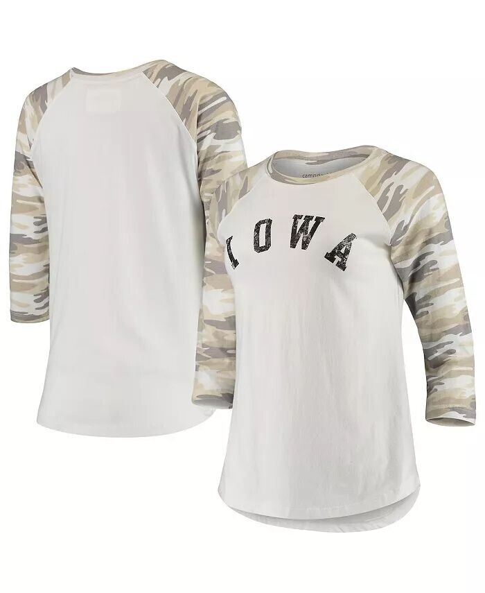 

Женская бело-камуфляжная футболка Iowa Hawkeyes Boyfriend Baseball Raglan с рукавами 3/4 Camp David