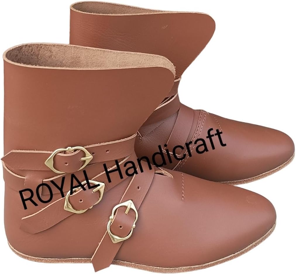 Медievalные кожаные сапоги Rhishoe с тремя пряжками, пара, коричневые кожаные сапоги с пряжкой, обувь, пара — фото 4